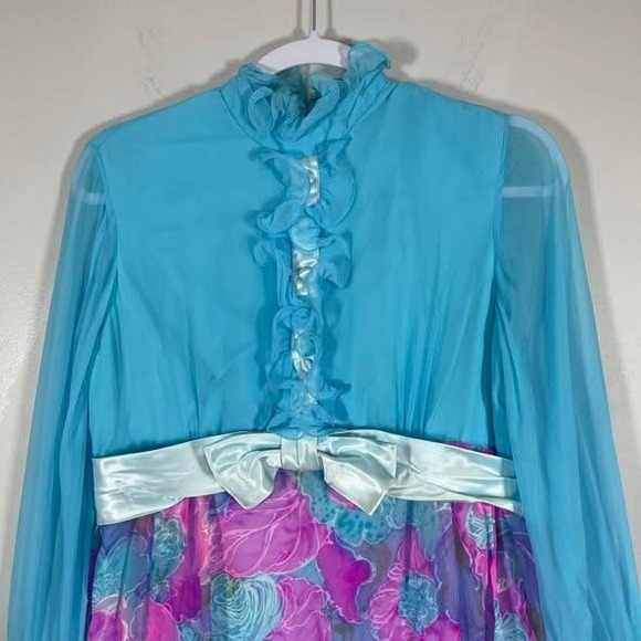 VTG 1960s Floral Chiffon Maxi Dress Womens Medium Blue Pink Buttons Ruffles - Picture 3 of 11